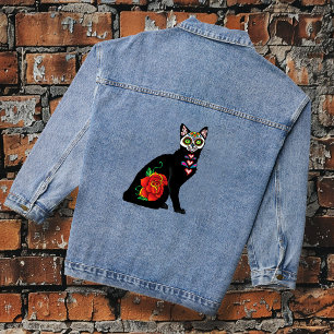 Zuckerschädel schwarze Katze Rose Türkis Herz Jeansjacke