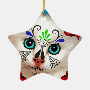 ZUCKERSCHÄDEL TAG-DES-TOTEN-KATZE KERAMIKORNAMENT