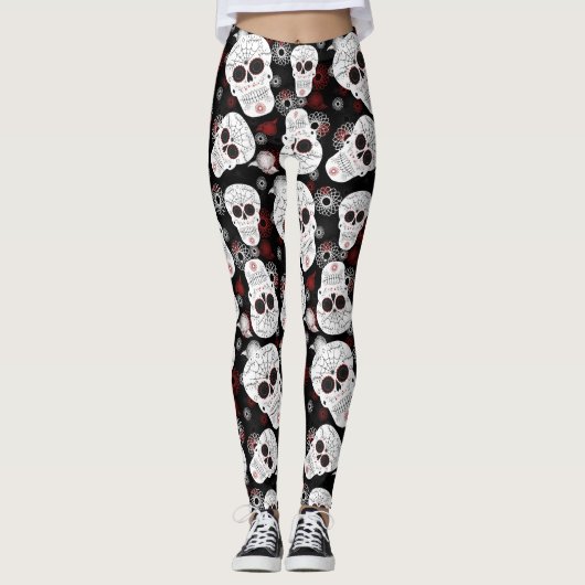 Zuckerschädel und Blume Leggings (Vorderseite)