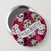 Zuckerschädel und Wirbel Rose Rot D725 Button (Vorne & Hinten)