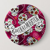 Zuckerschädel und Wirbel Rose Rot D725 Button (Vorderseite)