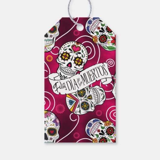 Zuckerschädel und Wirbel Rose Rot ID725 Geschenkanhänger (Vorderseite)