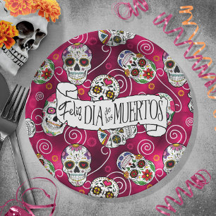 Zuckerschädel und Wirbel Rose Rot ID725 Pappteller