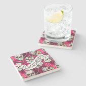 Zuckerschädel und Wirbel Rose Rot ID725 Steinuntersetzer (Seitenansicht)