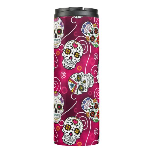 Zuckerschädel und Wirbel Rose Rot ID725 Thermosbecher (Rückseite)