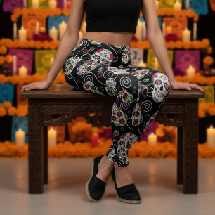 Zuckerschädel und Wirbel Schwarz ID725 Leggings
