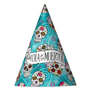 Zuckerschädel und Wirbel Türkis D725 Partyhütchen