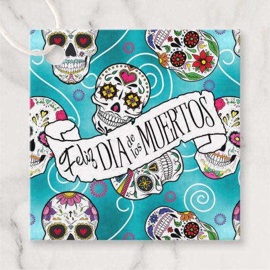 Zuckerschädel und Wirbel Türkis ID725 Geschenkanhänger (Vorderseite)