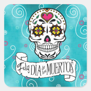 Zuckerschädel und Wirbel Türkis ID725 Quadratischer Aufkleber