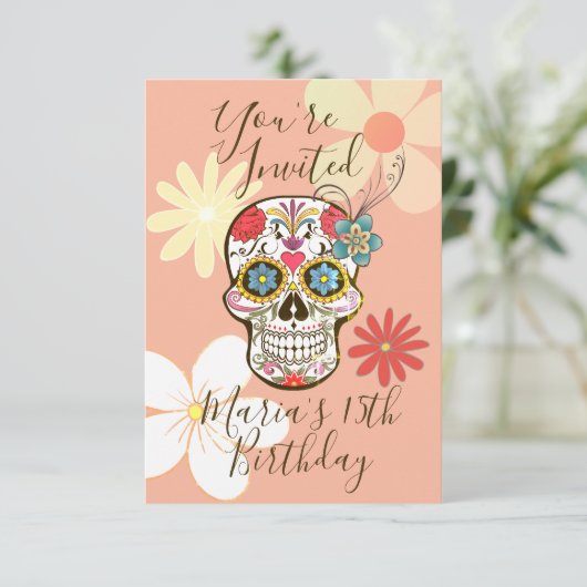 Zuckerschädel Weichpfirsich Rose Hippy Floral Einladung (Stehend Vorderseite)