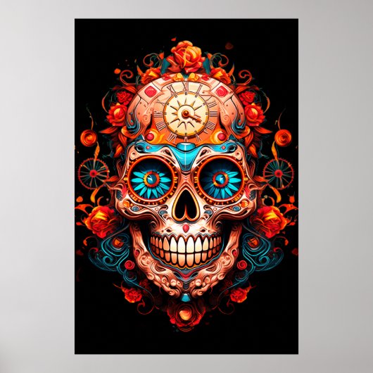 Zuckerschädelbilder mit blauäugigem Mann an der Wa Poster (Vorne)