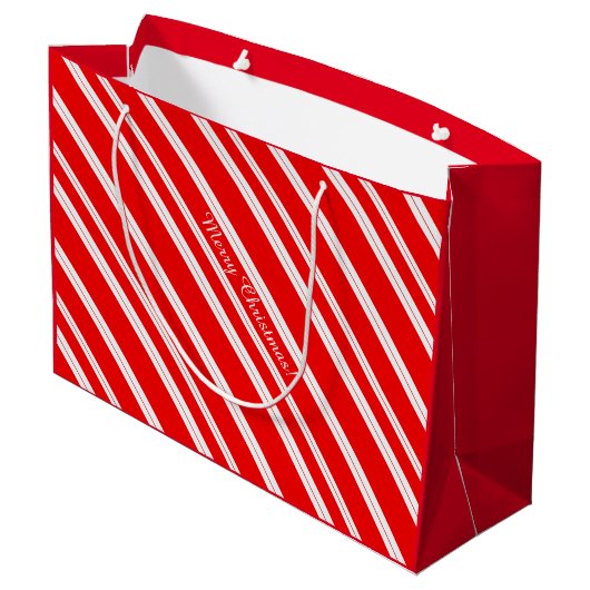 Zuckerstange-rotes Weiß Stripes frohe Weihnachten! Große Geschenktüte (Rückseite Schrägansicht)