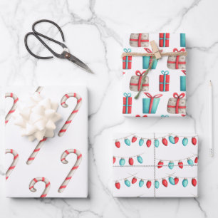 Zuckerstangen, Geschenke und Weihnachtslichter Fei Geschenkpapier Set