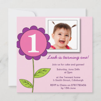 Zuerst 1. Geburtstags-Party-Foto-Blume - Rosa Einladung