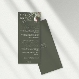 Zuerst essen wir dunkelgrünes tropisches Hochzeits Menükarte