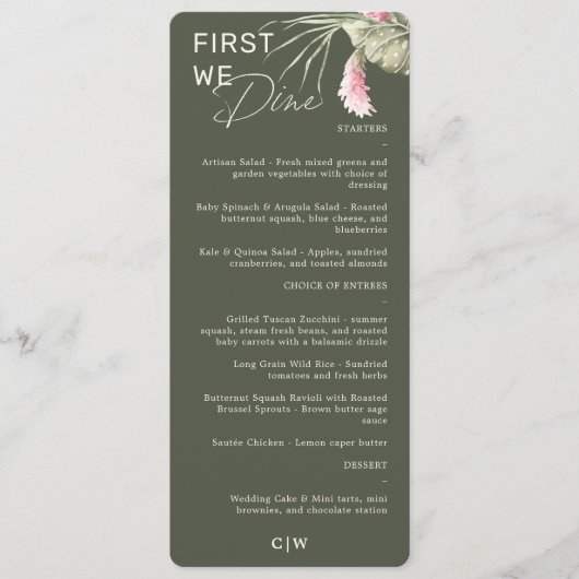 Zuerst essen wir dunkelgrünes tropisches Hochzeits Menükarte (Vorderseite)