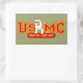 Zuerst in, zuletzt rechteckiger aufkleber (Tasche)