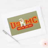 Zuerst in, zuletzt rechteckiger aufkleber (Umschlag)