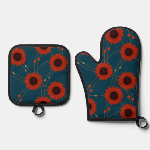 Zufällige Art Nouveau Sonnenblumen Retro-Blumen Ro Ofenhandschuh & Topflappen-Set