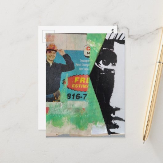 Zufällige Collage arbeitender Mann und ein Gesicht Postkarte (Vorderseite/Rückseite Beispiel)