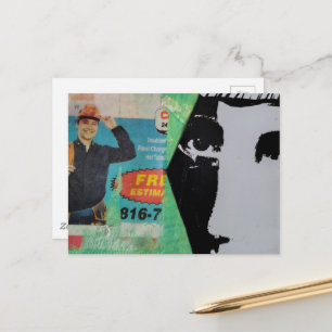 Zufällige Mixed-Media-Collage arbeitender Mann und Postkarte