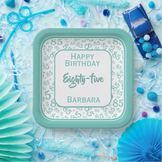 Zufallszahlenmuster des 85. Party Aquamarin/weiß Pappteller (Party)