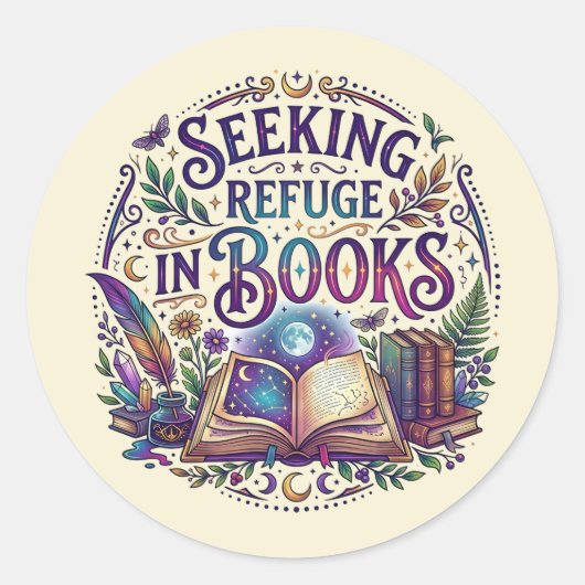 Zuflucht in Büchern suchen Whimsical Celestial Mys Runder Aufkleber (Vorderseite)