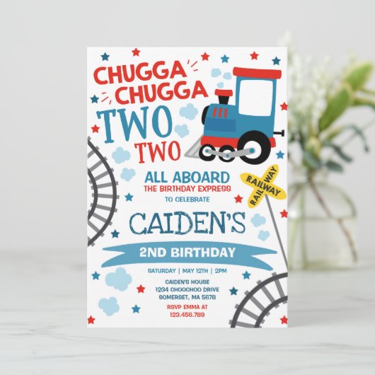 Zug Birthday Einladung Chugga Chugga zwei Zug (Stehend Vorderseite)