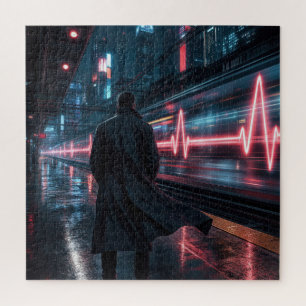 Zug der Zukunft mit neonfarbenem Herzschlag-Signal Puzzle