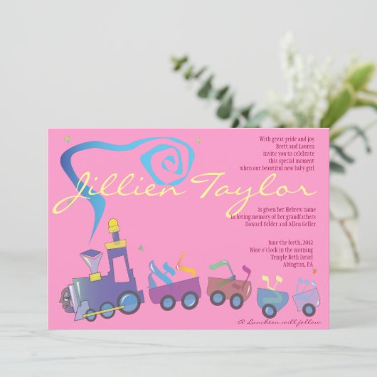 Zug-jüdisches Baby, das Einladungs-Hebräer-Mädchen Einladung (Stehend Vorderseite)