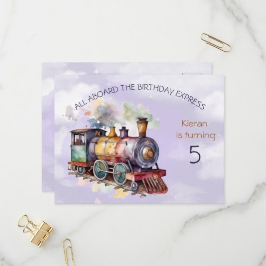 Zug Motor Junge 5. Geburtsdatum Einladung Postkart (Vorderseite/Rückseite Beispiel)