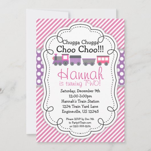 Zug-Motor-Rosa-Streifen-lila Einladung (Vorderseite)
