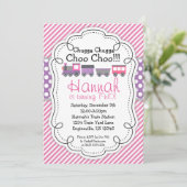 Zug-Motor-Rosa-Streifen-lila Einladung (Stehend Vorderseite)