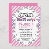 Zug-Motor-Rosa-Streifen-lila Einladung (Vorne/Hinten)