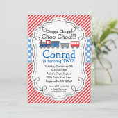 Zug-Motor, Rot Stripes Baby-Blau-Polka-Punkt Einladung (Stehend Vorderseite)