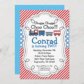 Zug-Motor, Rot Stripes Baby-Blau-Polka-Punkt Einladung (Vorne/Hinten)