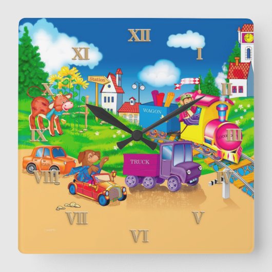 Zug und Auto Quadratische Wanduhr (Vorderseite)