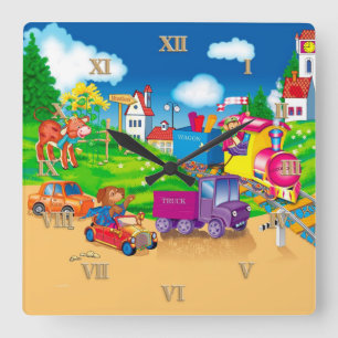 Zug und Auto Quadratische Wanduhr