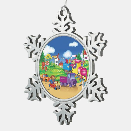 Zug und Auto Schneeflocken Zinn-Ornament (Rechts)