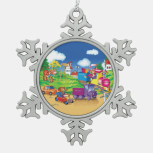 Zug und Auto Schneeflocken Zinn-Ornament