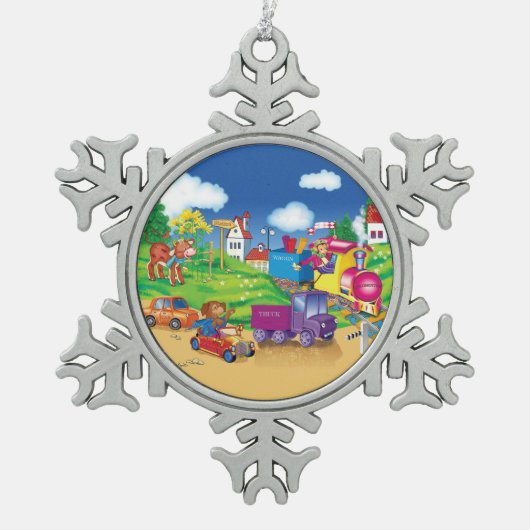Zug und Auto Schneeflocken Zinn-Ornament (Vorderseite)