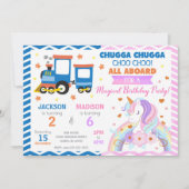 Zug und Einhorn gemeinsamer Geburtstag Einladung (Vorderseite)