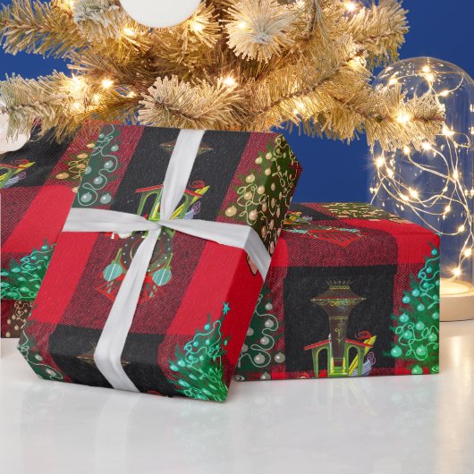 Züge und Weihnachtsbäume auf Kariertem Schwarz Geschenkpapier (Feiertage)