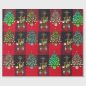 Züge und Weihnachtsbäume auf Kariertem Schwarz Geschenkpapier (Flach)