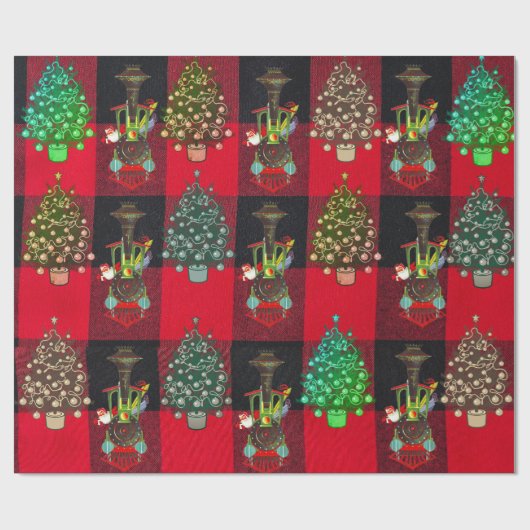 Züge und Weihnachtsbäume auf Kariertem Schwarz Geschenkpapier (Flach)