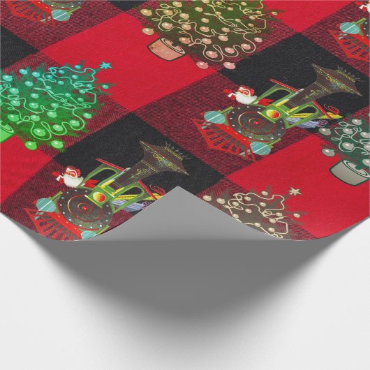 Züge und Weihnachtsbäume auf Kariertem Schwarz Geschenkpapier (Ecke)