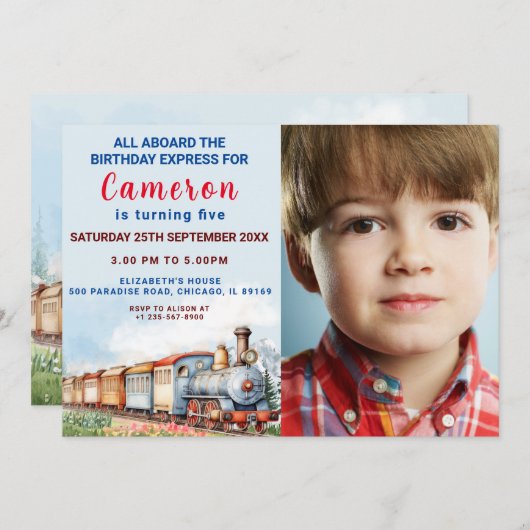 Zugfahrbahn zum Geburtstag Einladung mit Foto (Vorne/Hinten)