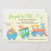 Zugkaboose Gelbes Grün Erster Geburtstag Einladung (Vorderseite)