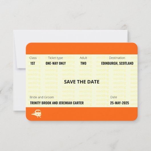 Zugschein Inspiriert | Hochzeitsstichtag speichern Einladung (Vorderseite)