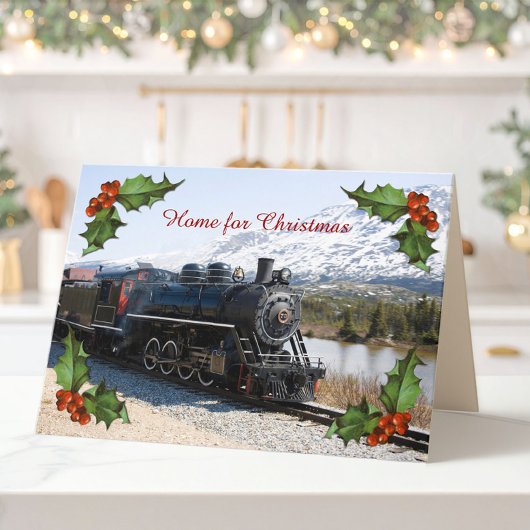 Zuhause auf dem Zug für Weihnachtskarte Feiertagskarte